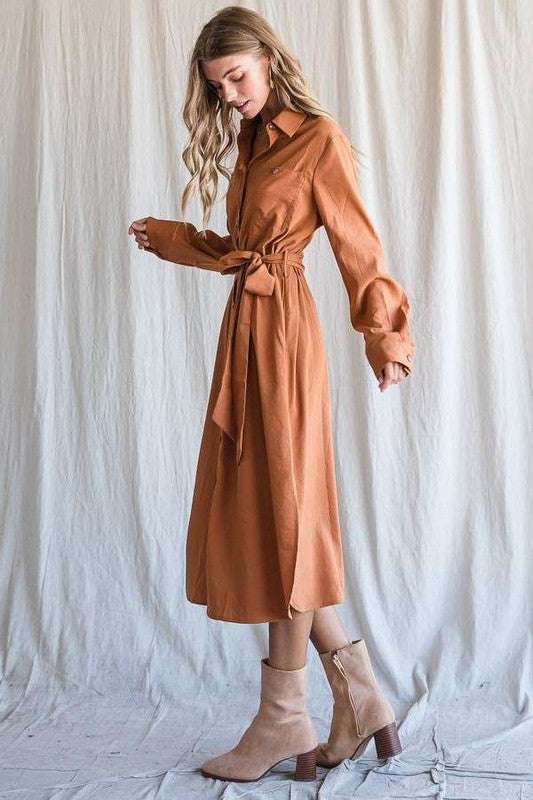 SOLID BUTTON DOWN BELTED LONG DRESS 30-545