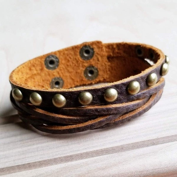 Multi-Strand Leather Cuff with Antique Gold Studs