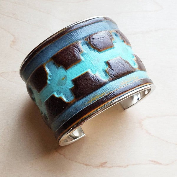 Wide Cuff Bangle Bracelet in Blue Navajo Leather
