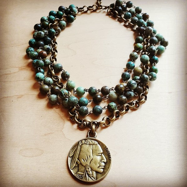 African turquoise collar lenght necklace with coin