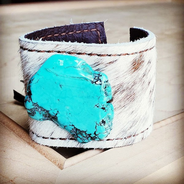 Leather Cuff -Spotted Hair Hide w/ Turquoise Slab
