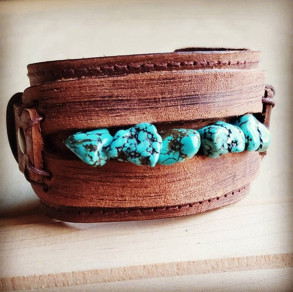 Leather Cuff With Blue Turquoise Chunks