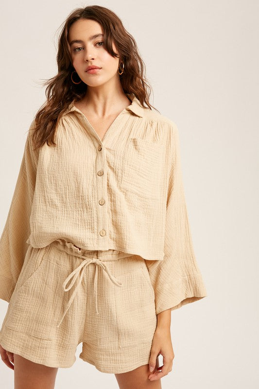Textured Cotton Button Down Top and Pant Sets