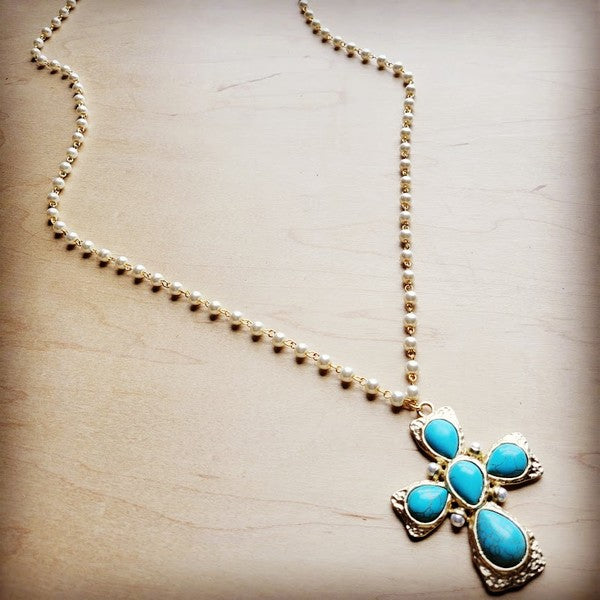 Pearl Necklace with Matte Gold Turquoise Cross