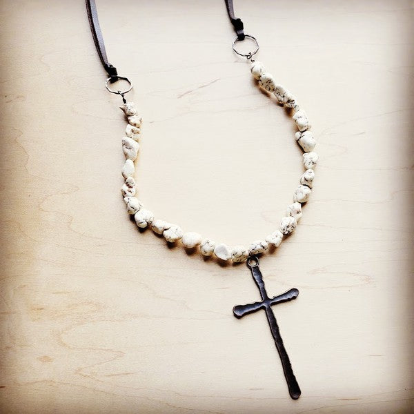 White Turquoise Necklace w/ Large Copper Cross