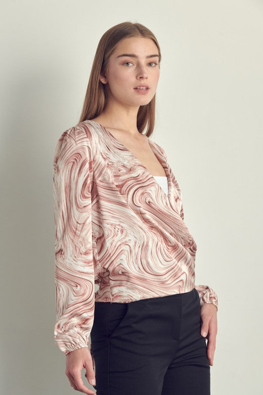 Draped front swirl print blouse