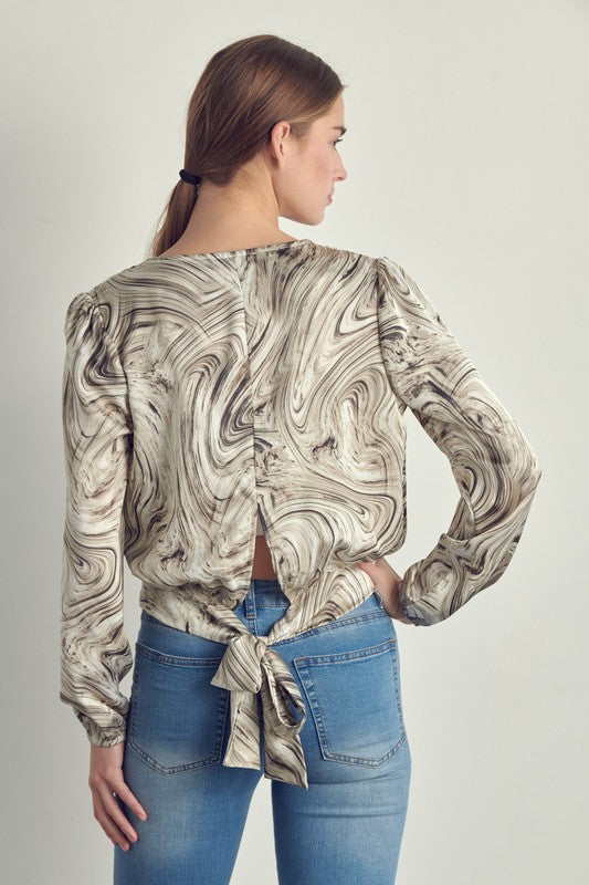 Draped front swirl print blouse