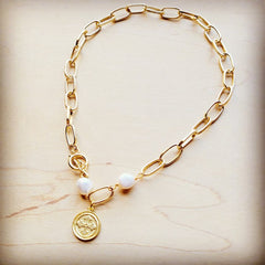 Gold Chain Necklace with Freshwater Pearl Accents and charm