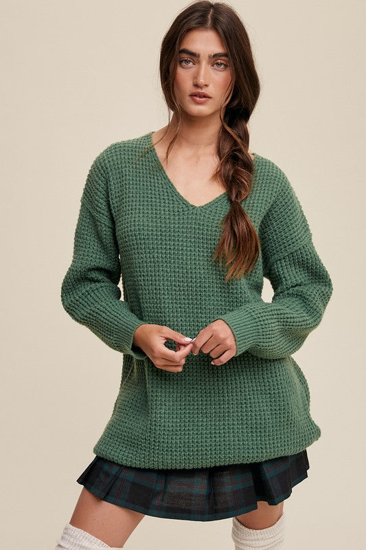 Slouchy V-neck Ribbed Knit Sweater