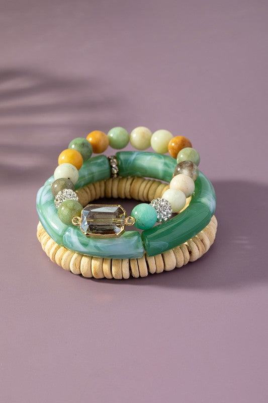 3 row semi precious stone and wood bead bracelets