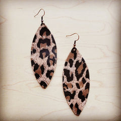 Narrow Leather Oval Earrings-Suede Leopard