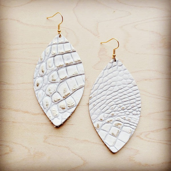 Leather Oval Earring-White and Gold Gator