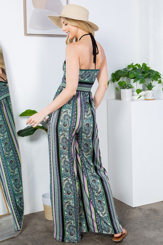 Cut Out Wide Leg Halter Jumpsuit with Pockets