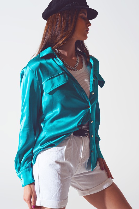 satin blouse in turquoise