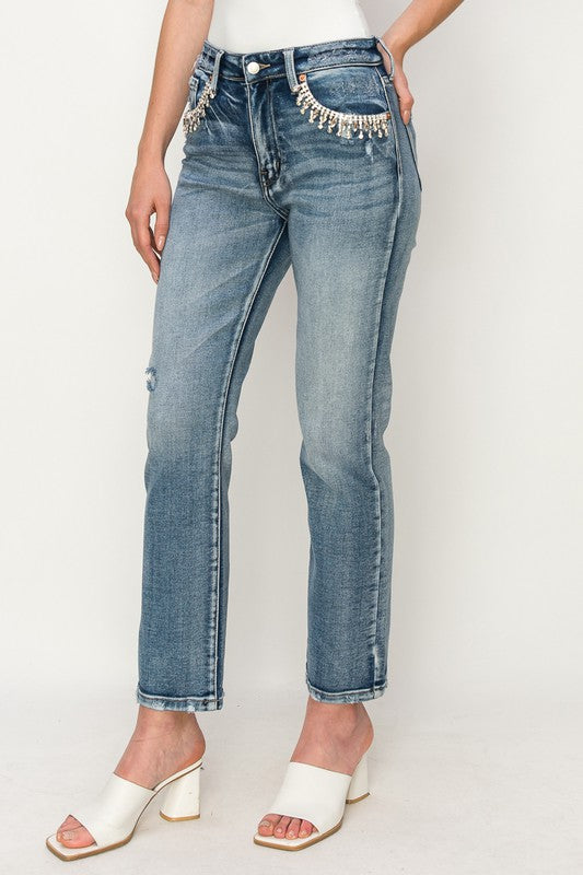 HIGH RISE CRYSTAL EMBELLISHED CROP STRAIGHT JEANS
