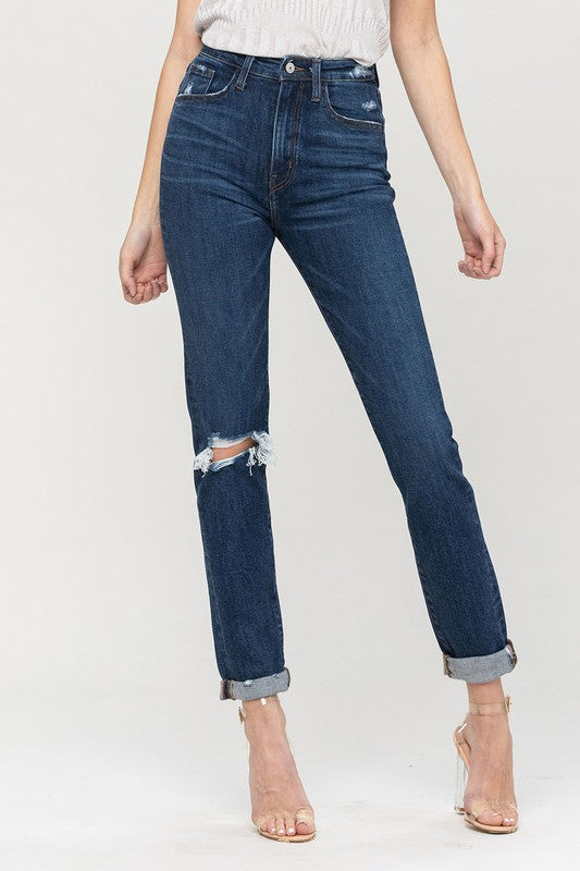 Distressed Roll Up Stretch Mom Jeans