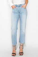 CRYSTAL EMBELLISHED HIGH RISE CROP STRAIGHT JEANS