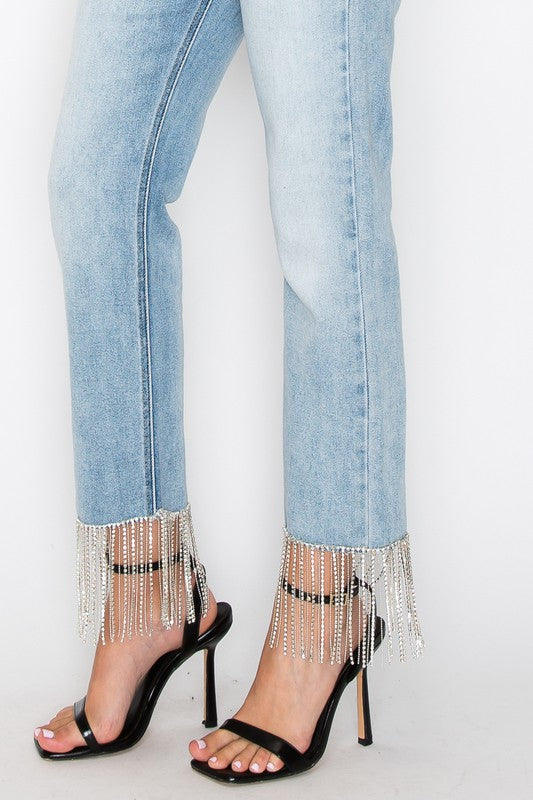 CRYSTAL EMBELLISHED HIGH RISE CROP STRAIGHT JEANS