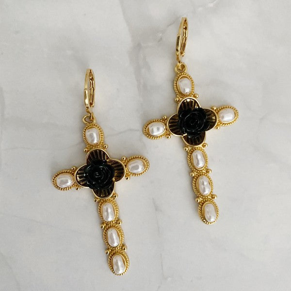 Black Rose Cross Earrings