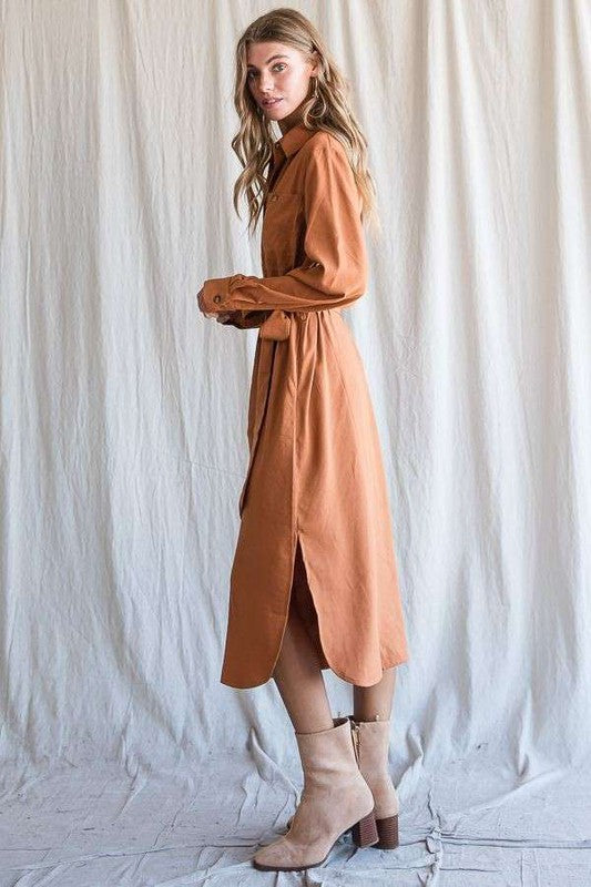 SOLID BUTTON DOWN BELTED LONG DRESS 30-545