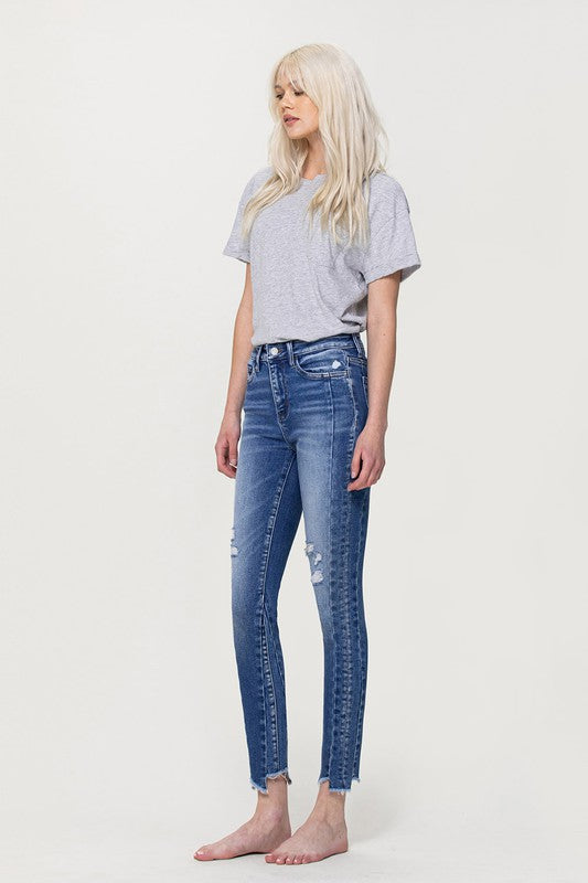 High Rise Ankle Skinny with Uneven Hem Detail