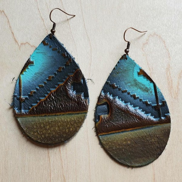 Leather Teardrop Earrings in Blue Navajo