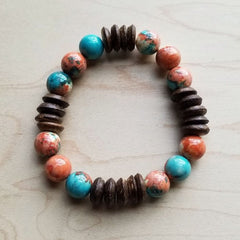 Multi Colored Turquoise and Wood Stretch Bracelet