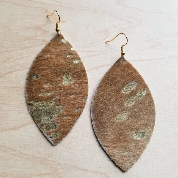 Leather Oval Earring in Tan and Gold Metallic Hair