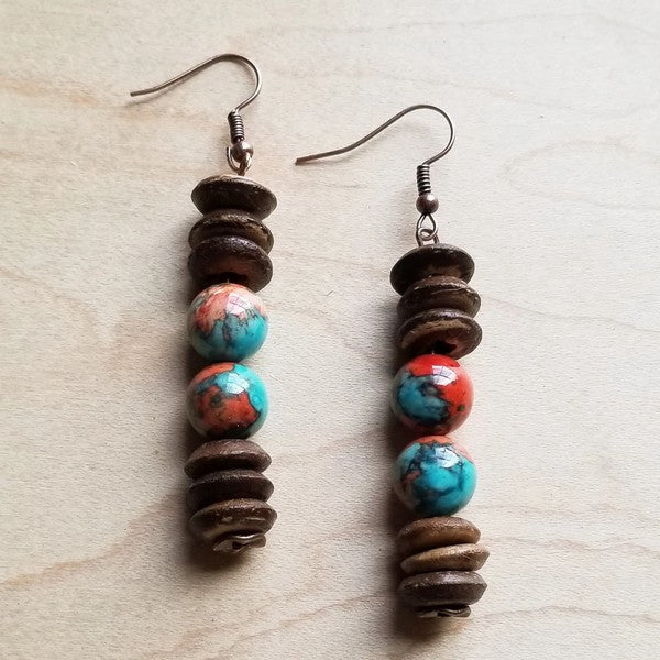 Multi Colored Turquoise and Wood Earrings