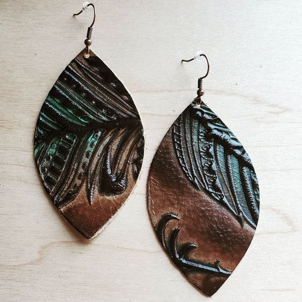 Leather Oval Earrings in Tan/Turquoise Feathers