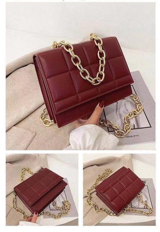 SQUARE QUILTED DESIGN CHAIN LINK HANDLE BAG