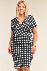 Checkered Fitted Wrap Deep Plunge V Neck Dress