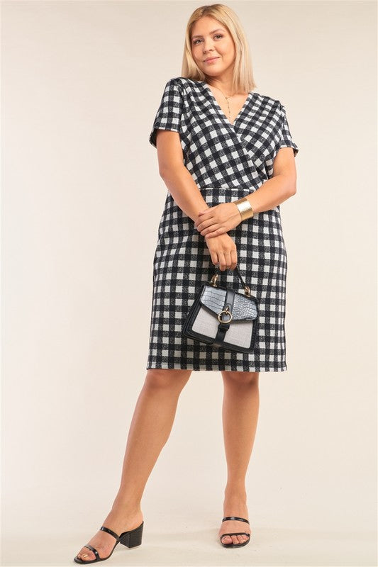 Checkered Fitted Wrap Deep Plunge V Neck Dress