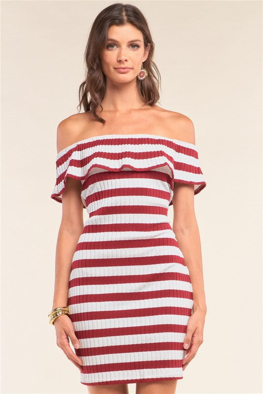 Off The Shoulder Stripped Ribbed Mini Dress