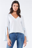 V Neck String Tie Double Frill Sleeve Top