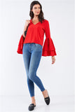 V Neck String Tie Double Frill Sleeve Top