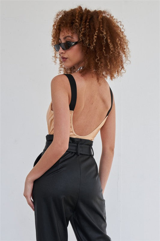 Vegan Leather Elastic Strap Bustier Bodysuit