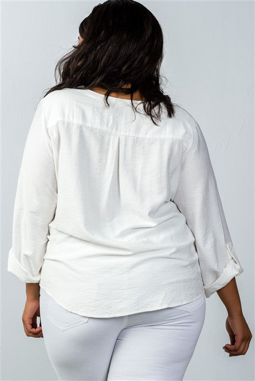 Oatmeal Stand Up Collar Roll Tab Sleeve Blouse