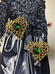 Green crystal stone heart shaped stud earring