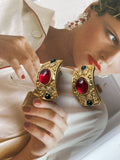 Retro style red color glass stud earring
