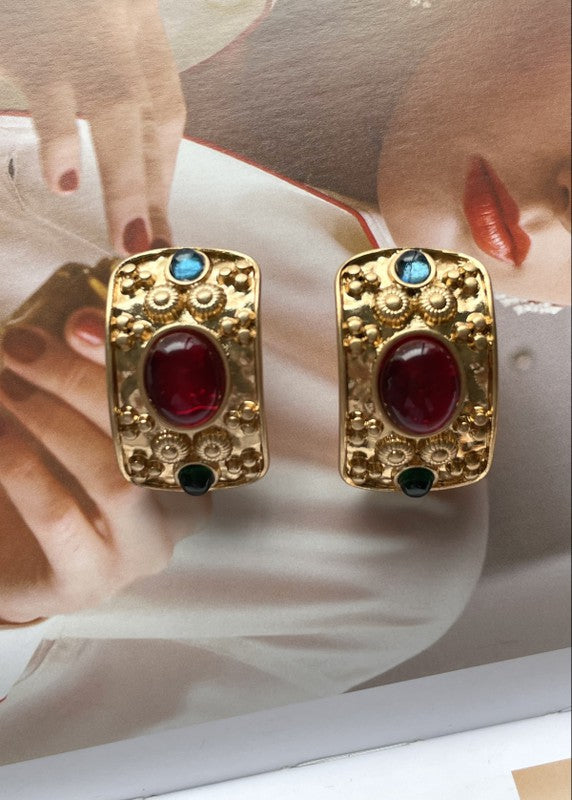 Retro style red color glass stud earring
