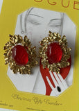 Vintage style red color glass flower stud earring
