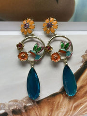 Retro style natural flower blue drop stud earring