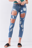 Ripped Destroyed Low Mid Rise Denim Jeans