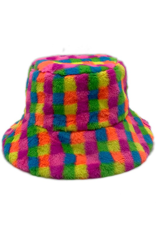 Checkered Faux Fur Bucket Hat