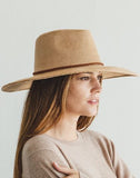 Faux suede wide brim panama hat with braided band