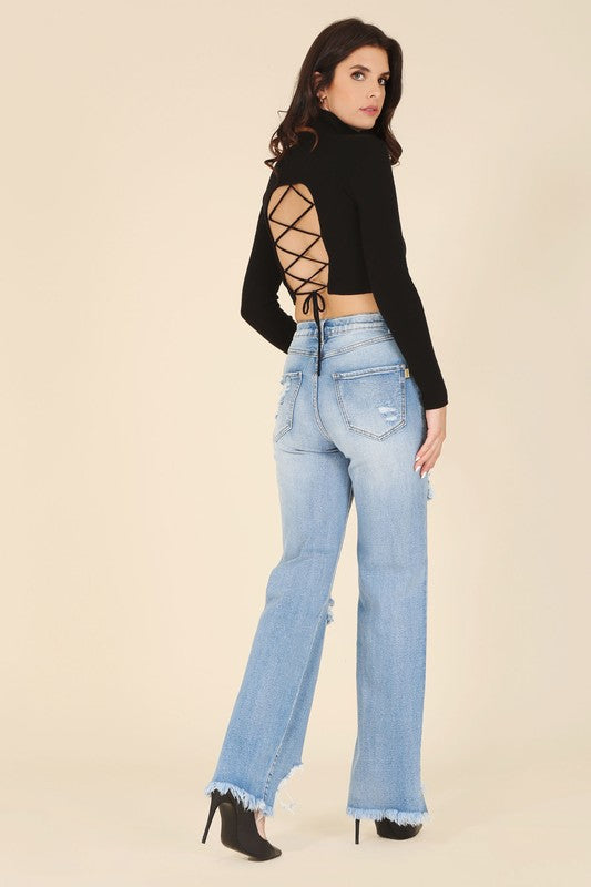 Mock neck lace up open back top