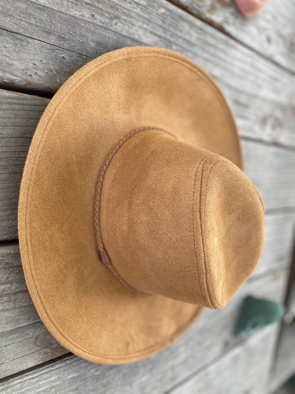 Faux suede wide brim panama hat with braided band