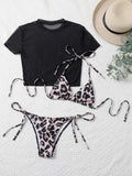 Leopard Print Bikini with Black Mesh Cove Up Set