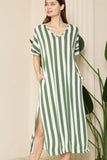 Stripe Short Sleeve V Neck Maxi Dress with Side Sl